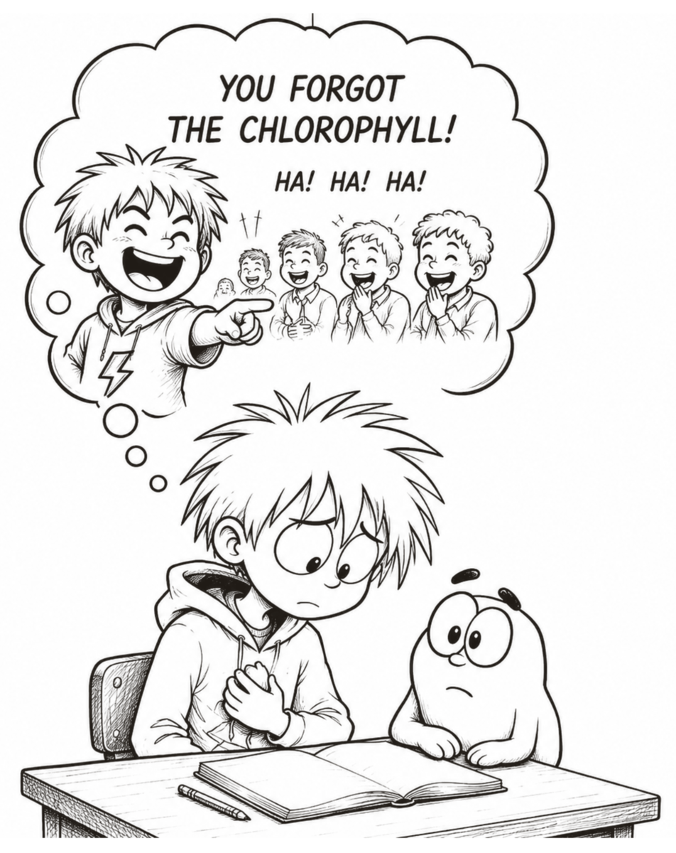 Kai remembers the class laughing after he forgot to mention chlorophyll.
