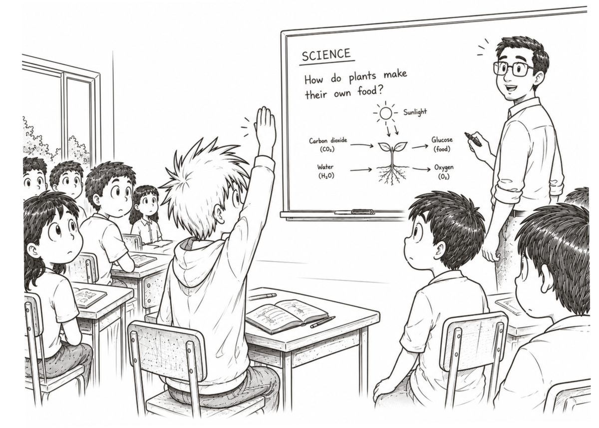Kai raises his hand to answer a science question in class.