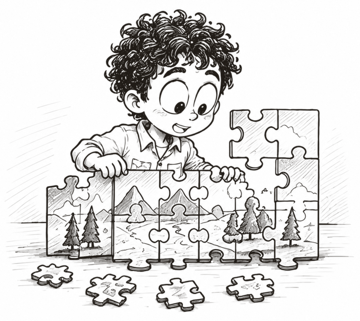 A child builds a picture of the world from interlocking puzzle pieces.