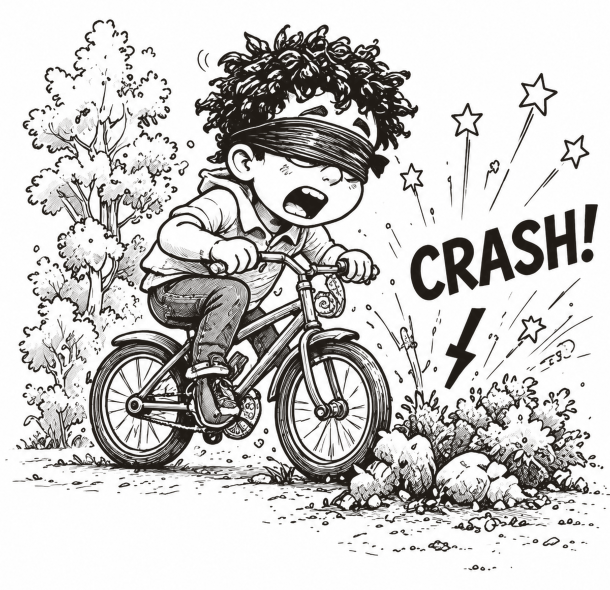 A young cyclist crashes into a tree with a loud bang.