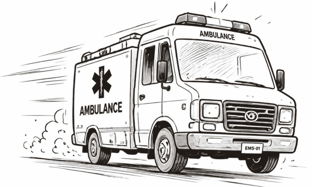 An ambulance follows behind the fire engine.