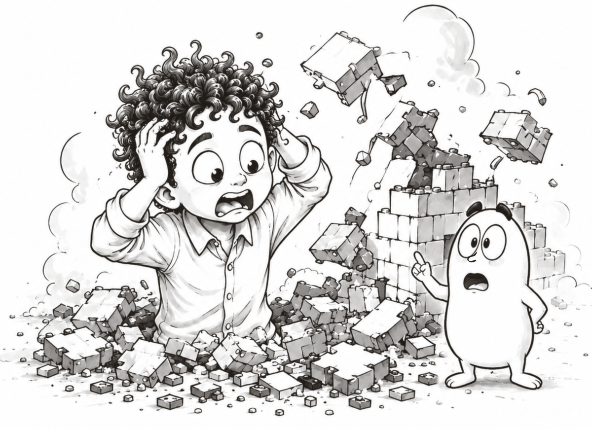 A child tries to untangle a messy pile of thoughts while Bob watches.